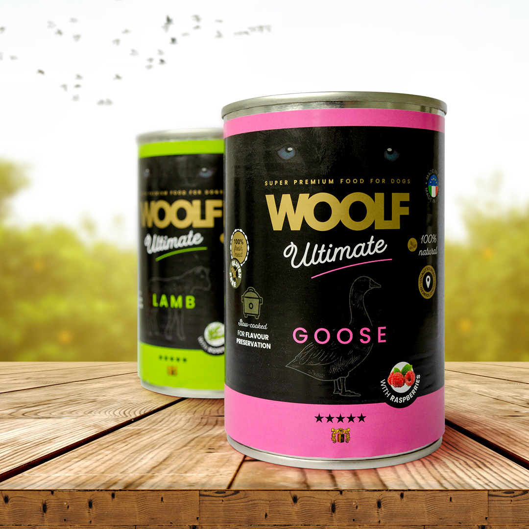 Canned dog food packaging design. Label design with illulstrations.