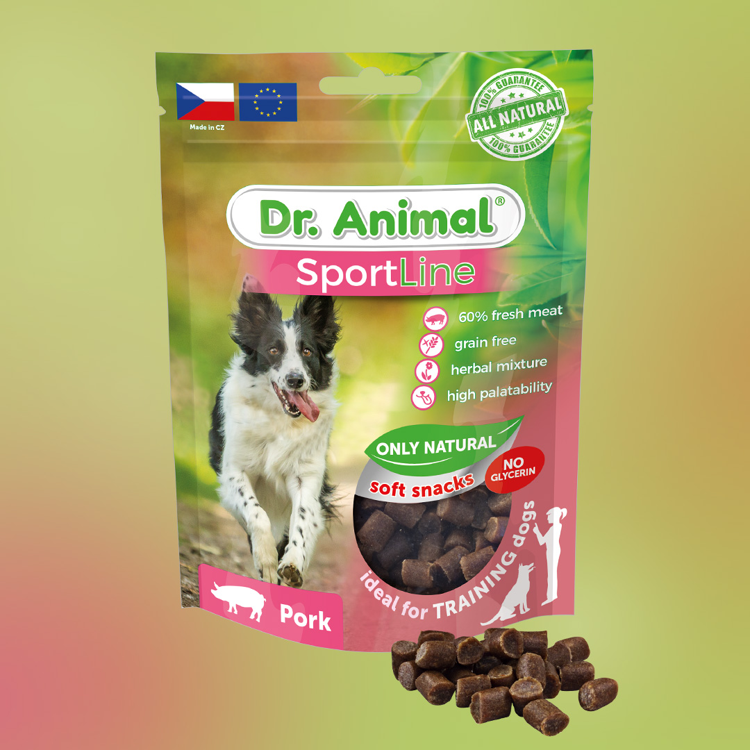 Dr. Animal doypack dog treats packaging design with transparent packaging.