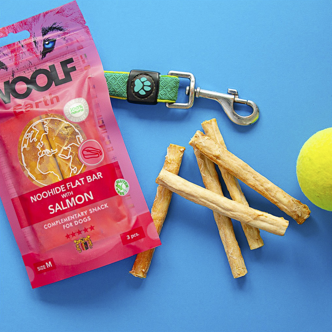 Woolf Earth noohide flat bar complementary snack for dogs with unique packaging design.